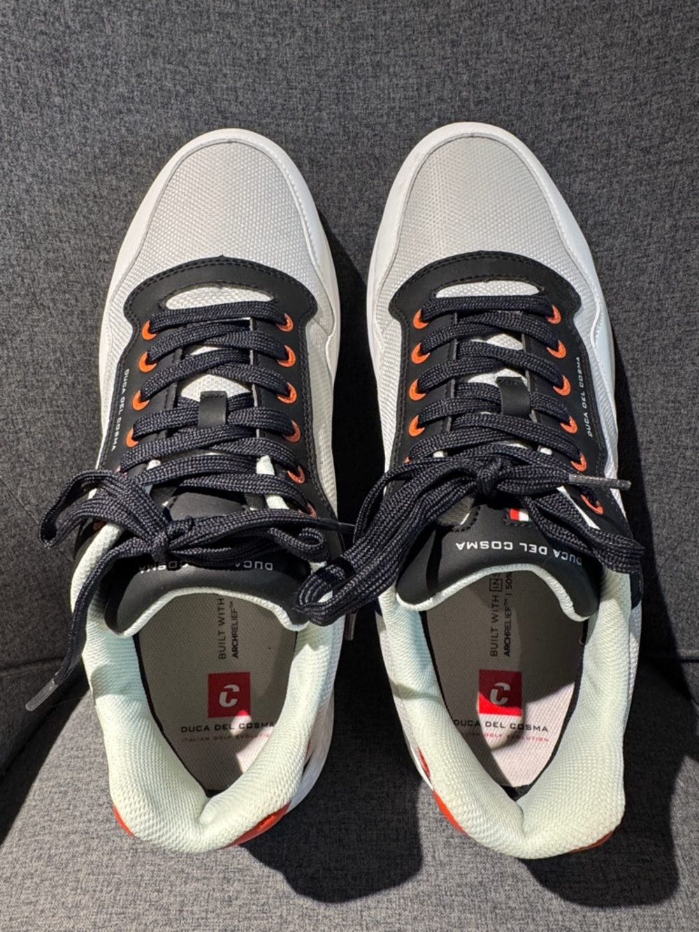 DUCA DEL COSMA Men’s White & Black Sport Sneakers with Orange Accents